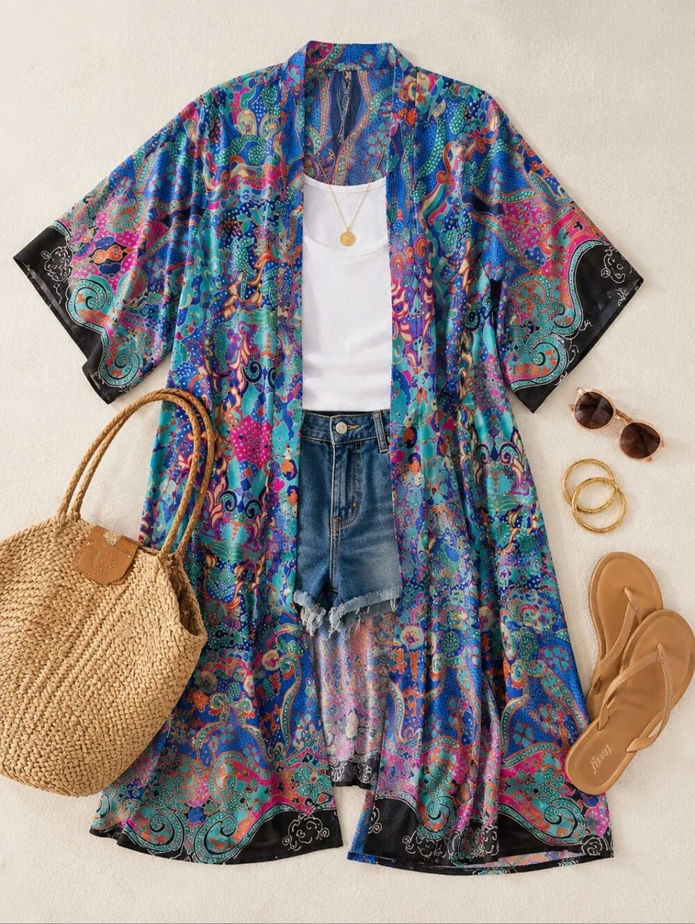 BOHO Paisley Kimono Robe One Size | Beach Cover Up | Bohemian Duster Cardigan | - Picture 4 of 7